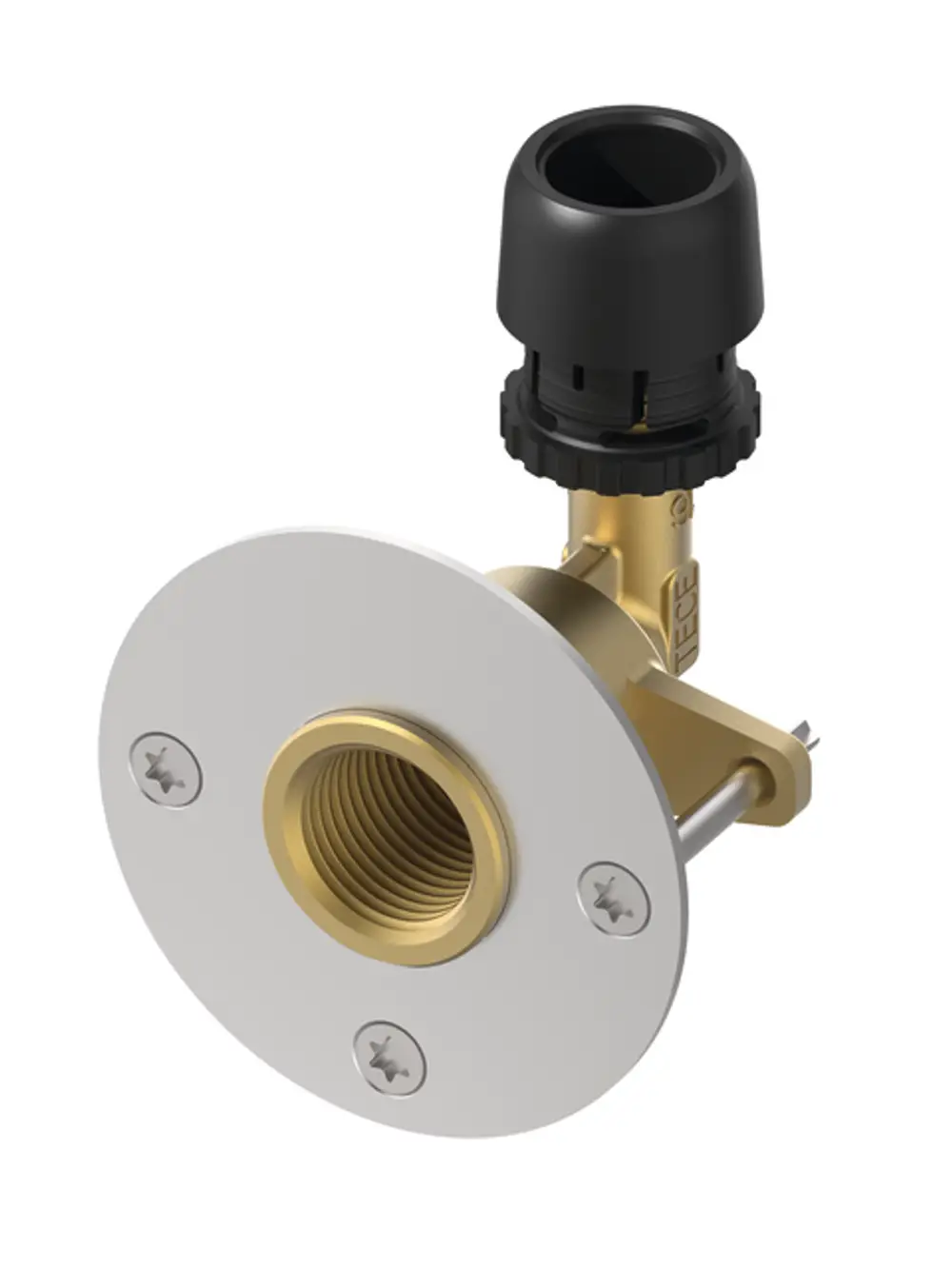 TECE-Wanddurchführungswinkel aus Siliziumbronze mit flachem Befestigungsflansch und Gewindeöffnung. Das Produkt dient zur Wandinstallation von Rohrleitungen.